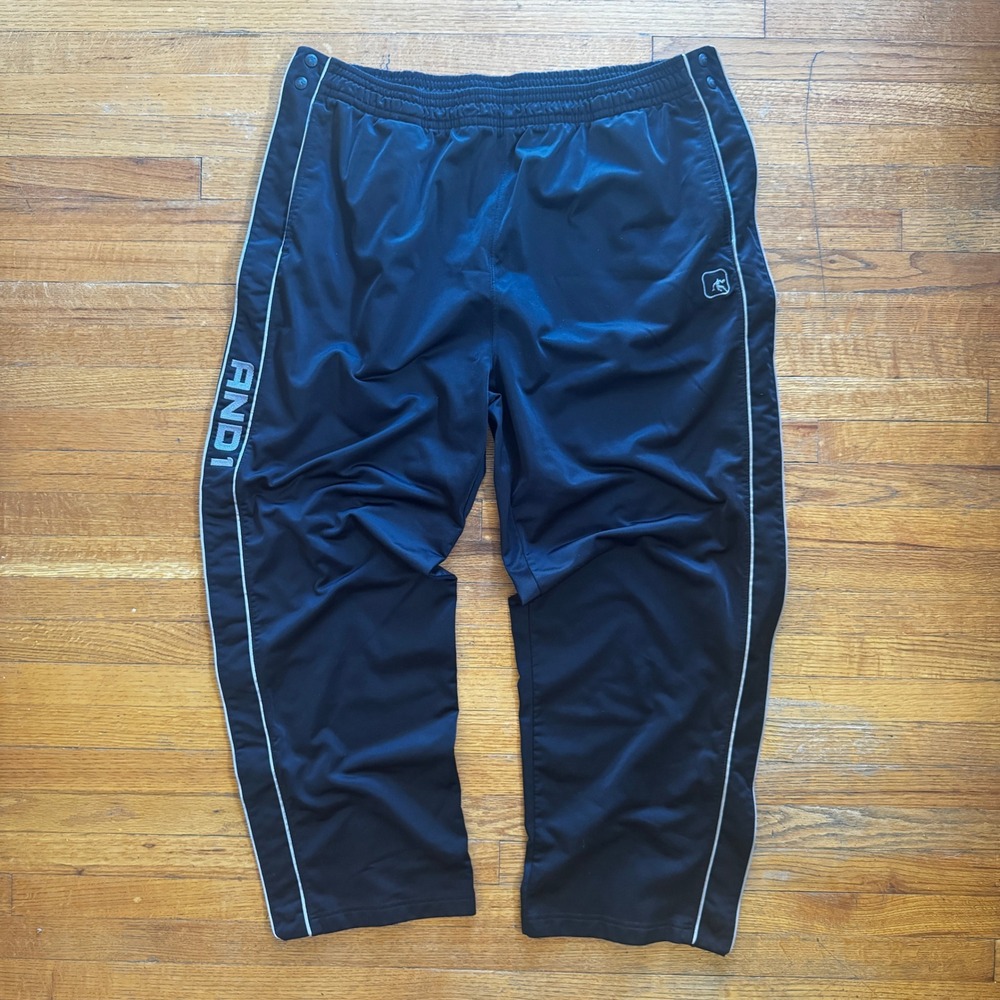 AND1 Mens 3XL Black Tear Away Snap Side Basketball Track Pants Warmup Stripe‎